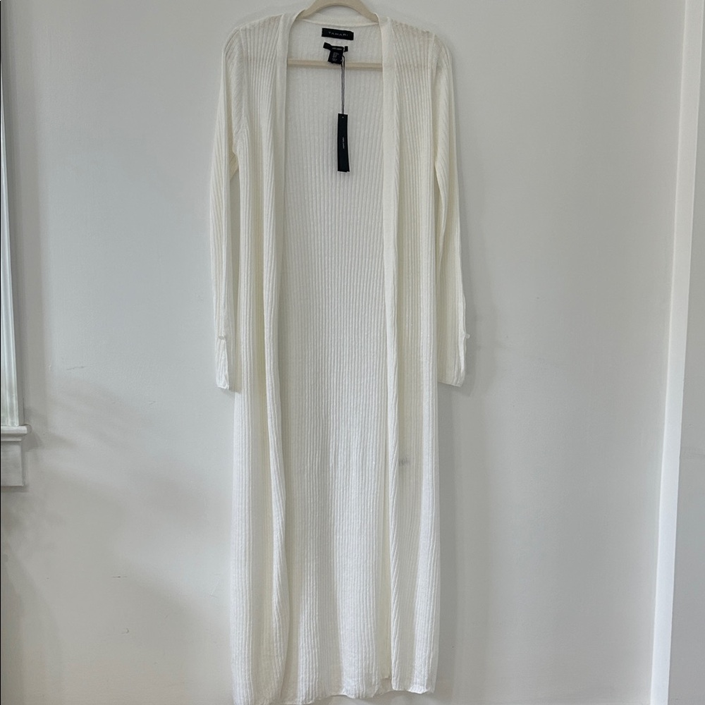 Tahari Sweater Women’s M White Linen Open Front Duster Romantic Feminine